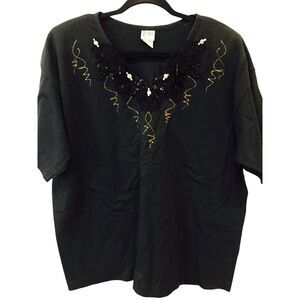 Cactus California Top Womens‎ 2XL Black V Neck Embroidered Sequin Comfy Pullover